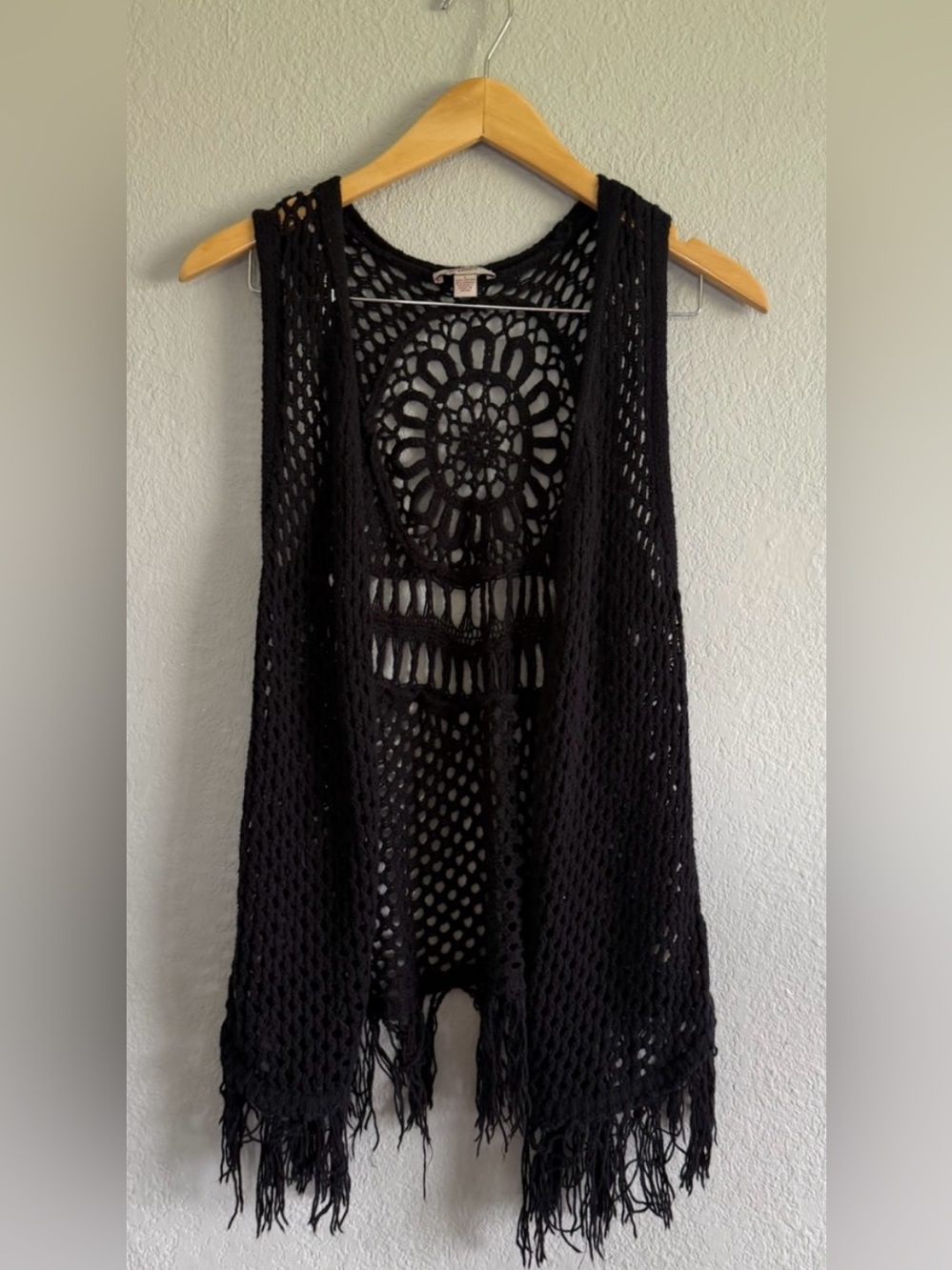 Vintage Y2K Arizona Crochet Knit Fringe Vest Medallion Cardigan L Boho READ